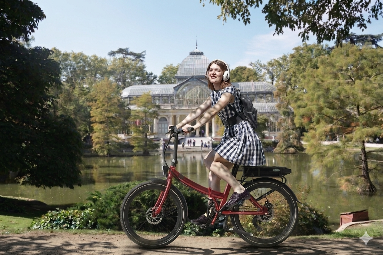 Girl on a red Legend Siena riding in front of The Palacio de Cristal