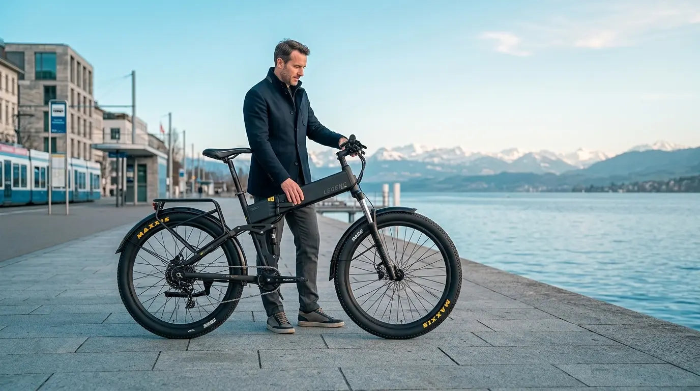 Man standing beside a black Legend eBike on a lakeside promenade in Switzerland, with mountains and a tram in the background