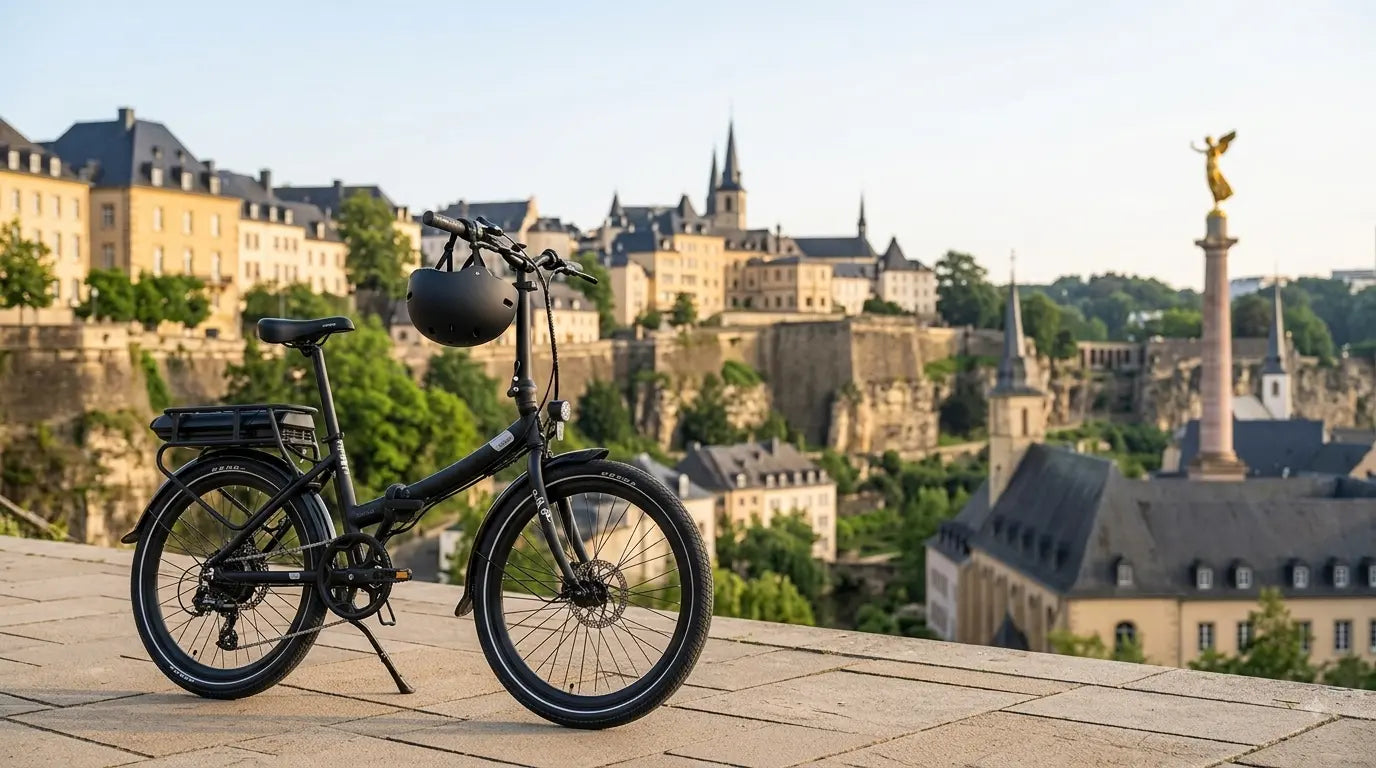 Black Legend folding eBike overlooking Luxembourg City, illustrating the Klimabonus e-bike subsidy for eligible Pedelec25 bikes