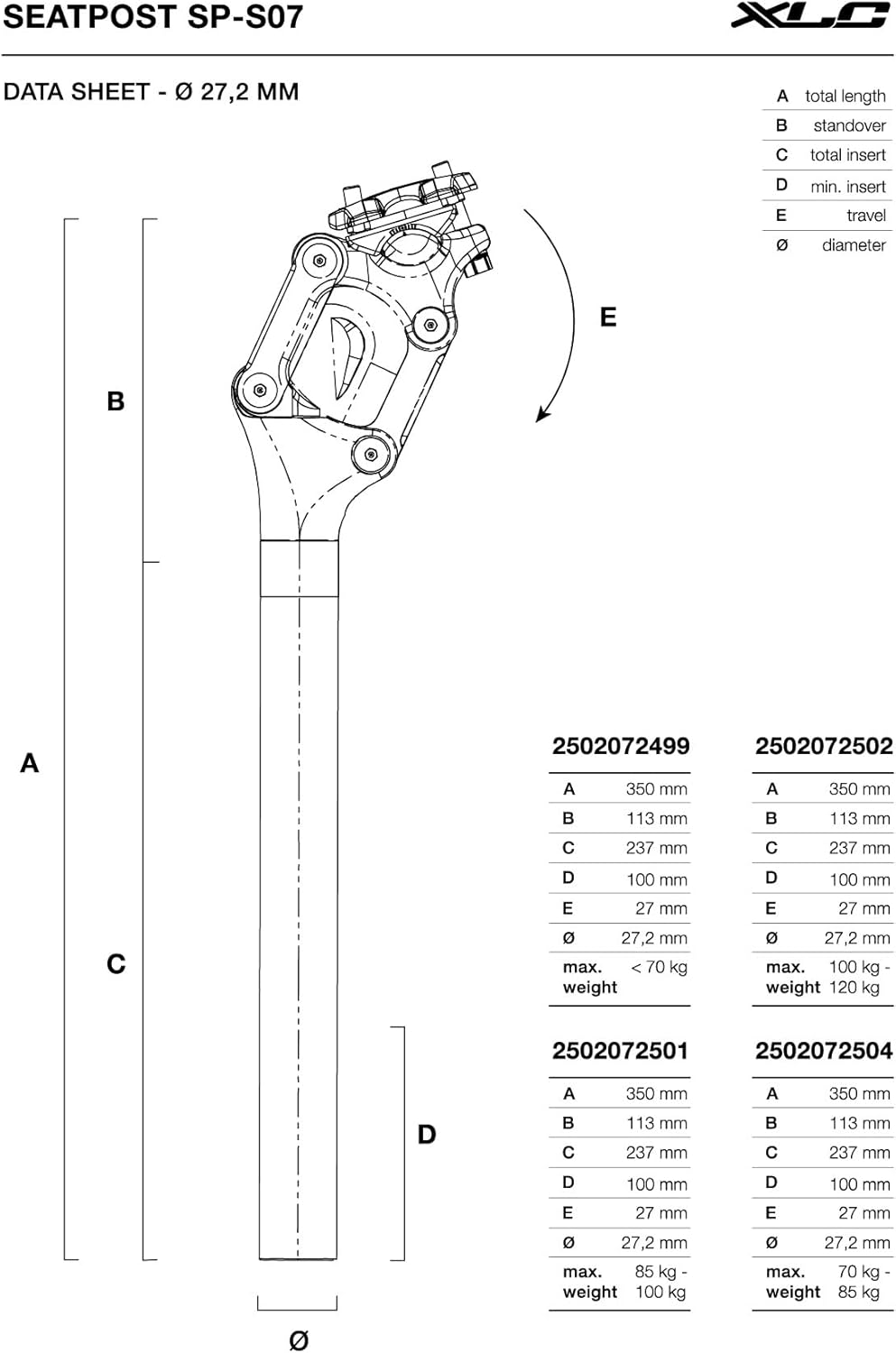 XLC Canote de Suspensão SP-S07 para bicicletas elétricas, Ø27,2 mm, capacidade de carga de 85 a 100 kg